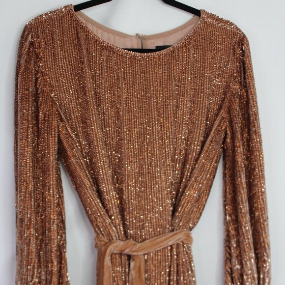 Retrofete Grace Sequin Long Sleeve Mini Dress with Velvet Tie Belt Bronze SizeXS - Picture 5 of 14